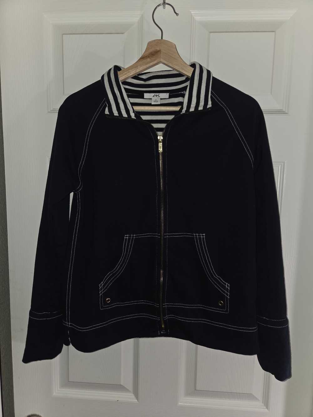 Anne Klein Sport Black Zip Jacket with Striped Collar
